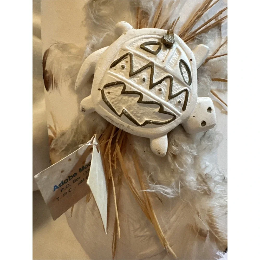 Vintage Adobe Moon White Ceramic Wedding Vase Double Spout Native Turtle Feather